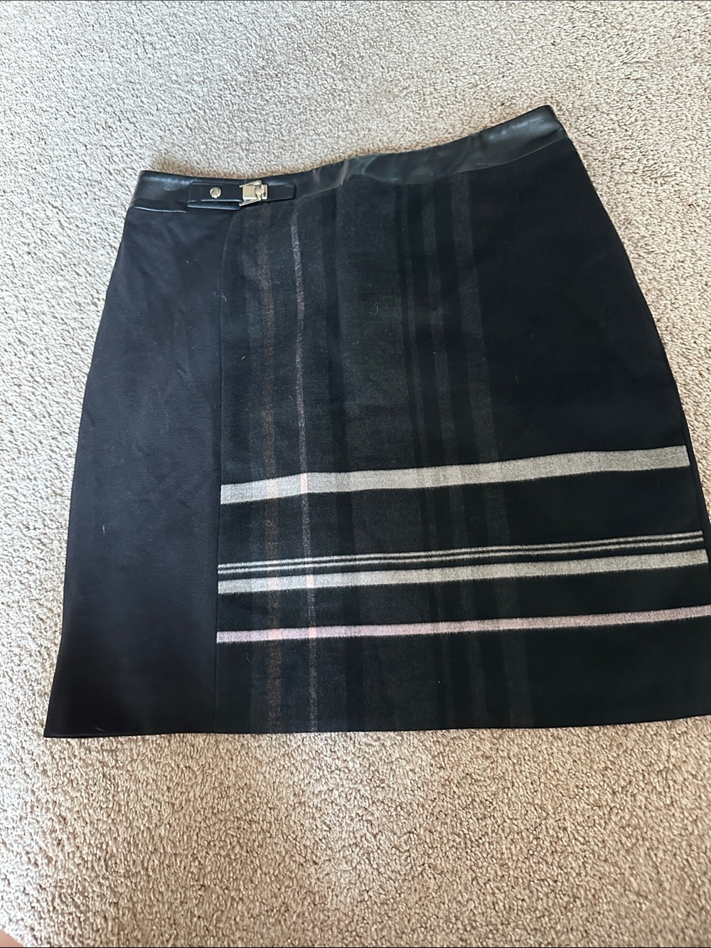 White House Black Market Black Mini Skirt with Stripe Panel and Buckle Trim